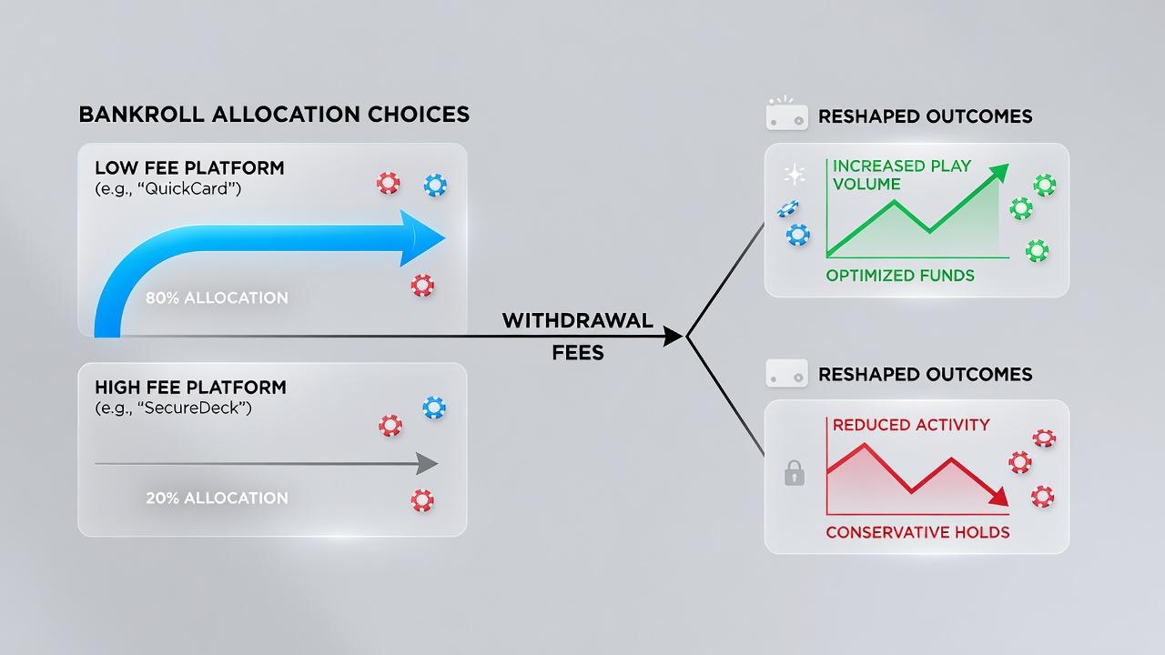 Digital card platform interface showing withdrawal options and fee breakdowns for players managing bankrolls across sites