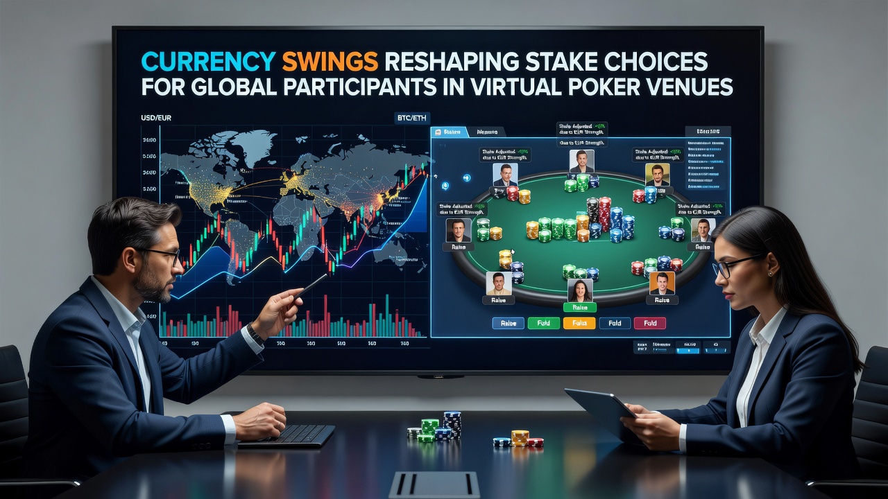 Players analyzing currency impact charts while selecting poker stakes on mobile devices