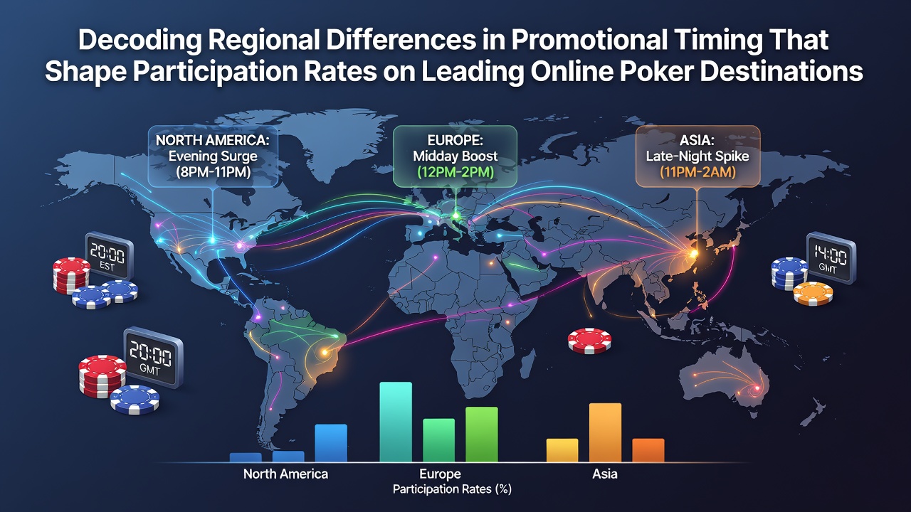 Global map highlighting online poker promotion schedules across North America, Europe, Asia, and Australia with player participation overlays