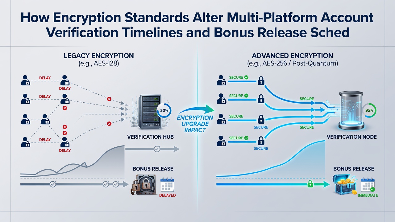 Diagram showing data encryption pathways influencing account verification speed and subsequent bonus activation across interconnected digital platforms