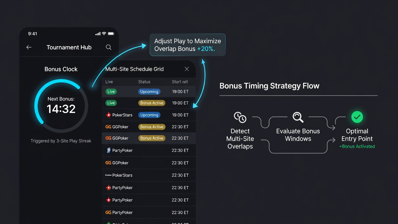 Close-up of poker app screen with bonus timer integrated into tournament schedule view