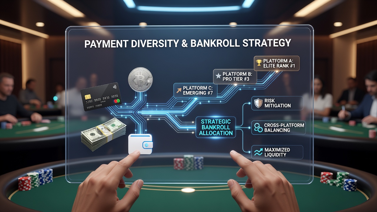 Players reviewing payment options across multiple poker platforms on desktop and mobile screens