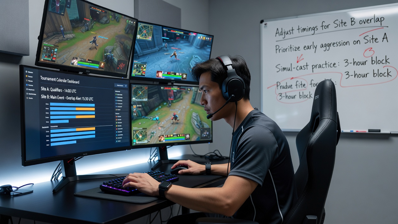 Multi-site poker player adjusting strategy while monitoring tournament clocks on separate screens