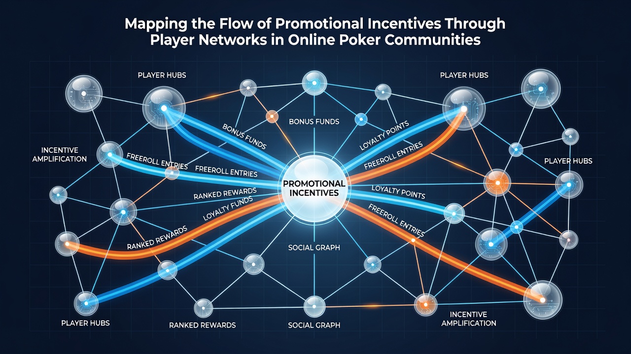 Data visualization of player network clusters and promotional reward pathways across competing poker platforms