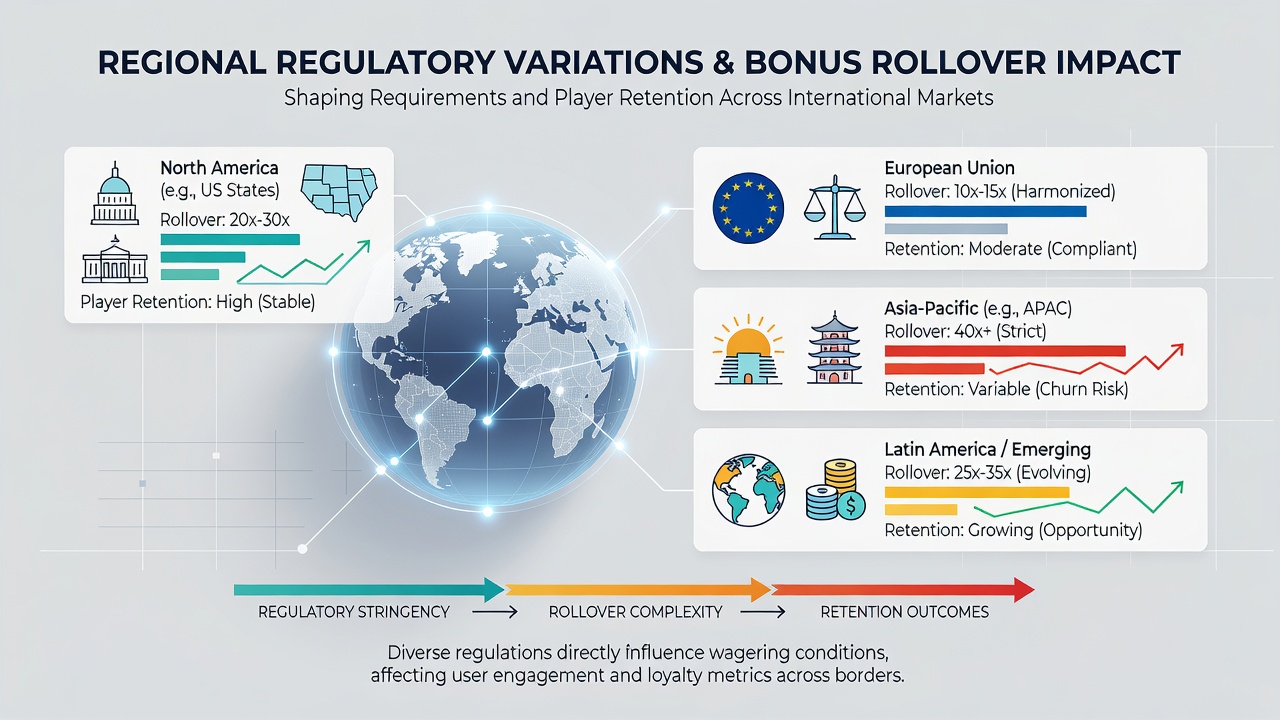 Chart comparing player retention rates and bonus rollover multiples across key international poker markets in 2026