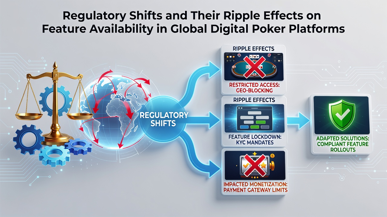 Global regulatory maps overlaid on digital poker platform interfaces showing feature restrictions