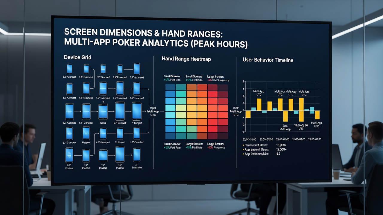 Player analyzing poker hand ranges on mobile devices with different screen dimensions during busy evening sessions