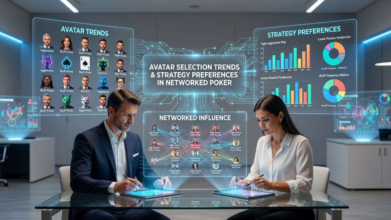 Network visualization of poker community interactions with avatar icons connected to strategy nodes