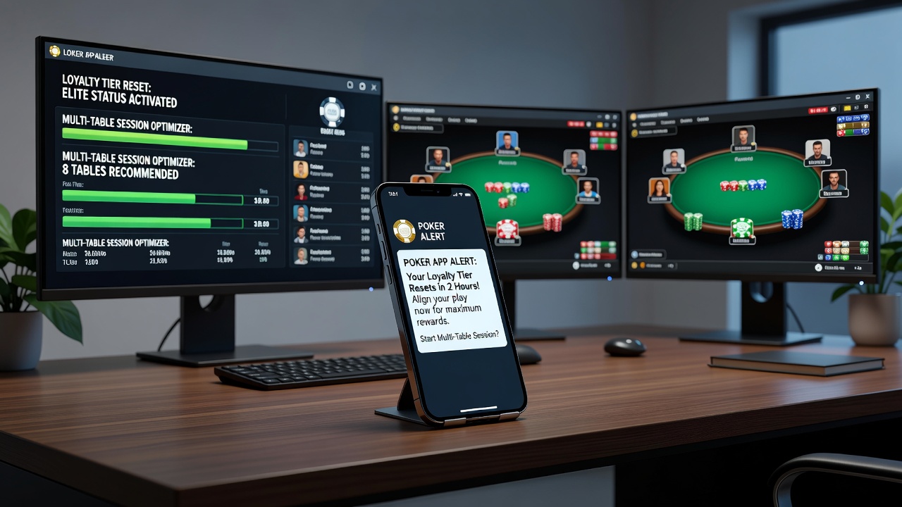 Multiple poker app screens displaying loyalty tier progress and scheduled reset notifications during active multi-table sessions
